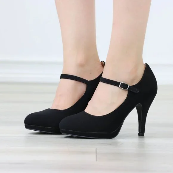 Black Rockabilly High Heels Ankle Strap Round Toe Classic Pumps Nubuck - Picture 12 of 12